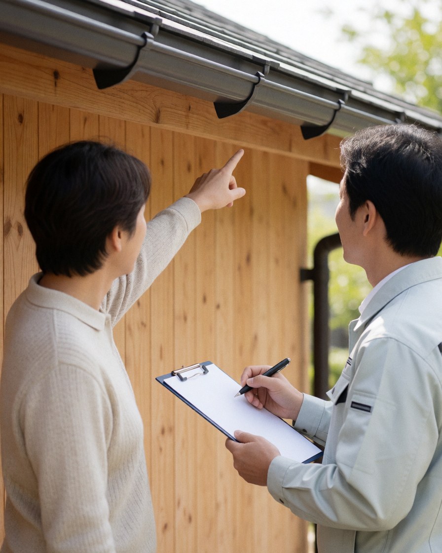 A satisfied homeowner points to a clean gutter while a technician takes notes during a roof repair inspection.