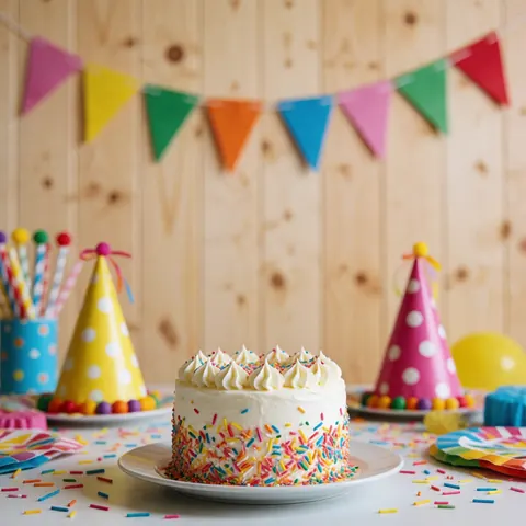 A birthday cake adorned with festive decorations and confetti placed on a white table with a wooden background.