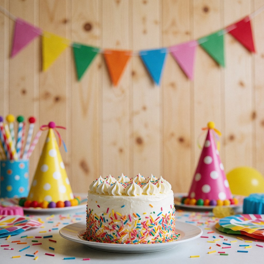 A birthday cake adorned with festive decorations and confetti placed on a white table with a wooden background.