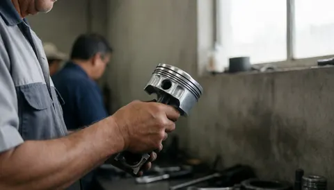Professional mechanic inspects a shiny metallic piston with installed rings in a concrete workshop lit by natural light.