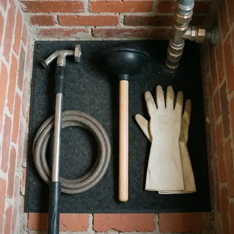 Dirty rubber gloves, drain snake, and plunger resting on a black carpet against a red brick wall