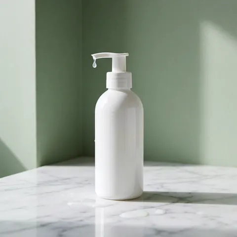 White cosmetic bottle with droplet falling onto white marble against soft green wall
