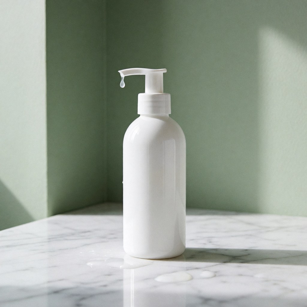 White cosmetic bottle with droplet falling onto white marble against soft green wall