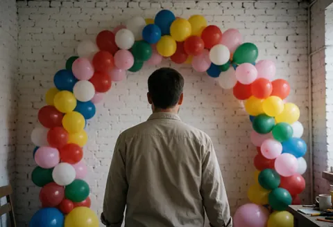 Event decorator standing with back to camera adjusting a multicolor balloon arch against a white brick wall with soft professional lighting