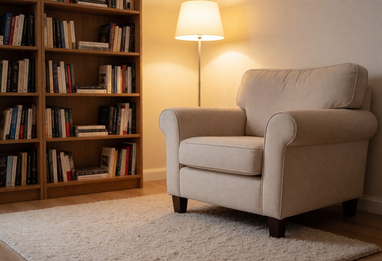 A comfortable beige armchair sits on a white rug next to a wooden bookshelf filled with books, illuminated by a floor lamp in a warm, inviting space.