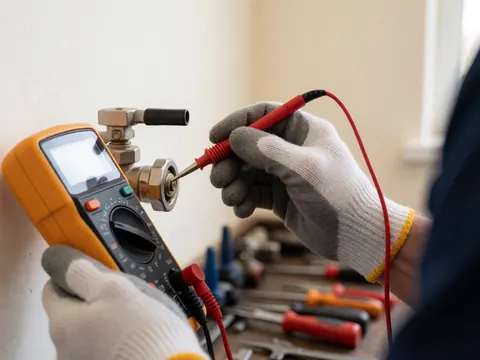 Technician wearing gloves uses a multimeter to measure voltage on a gas valve against a workbench background with tools and a warm white wall.