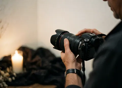 Close-up of a hand turning the focus ring on a professional camera lens against a dark fabric background with soft candlelight.