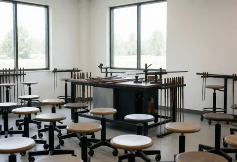 Empty glassblowing class room with rolling chairs and tools on a central table, large windows, and white walls