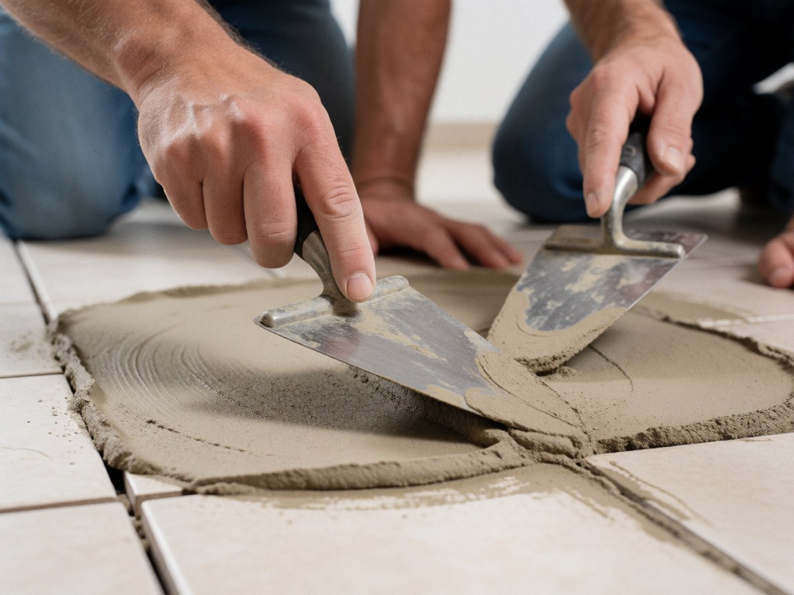 Close-up view of scissors spreading beige grout into the gaps between white ceramic tiles, highlighting the texture of the material.