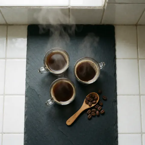 Three steaming black coffee cups on black stone with a wooden spoon and coffee beans on white tiles