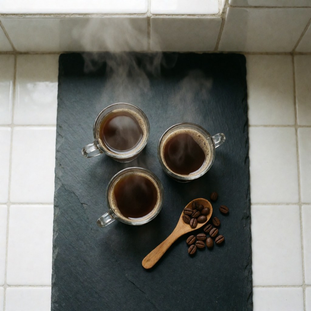 Three steaming black coffee cups on black stone with a wooden spoon and coffee beans on white tiles