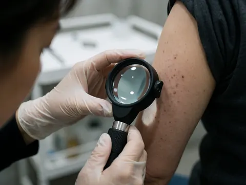 Close-up of a dermatologist wearing gloves using a magnifying tool to inspect skin lesions on a patient's arm against a blurred clinical background