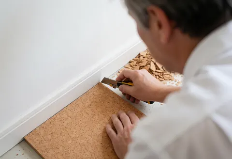 A cork flooring installer precisely cuts a cork piece around a white baseboard with shavings on the floor and natural light.