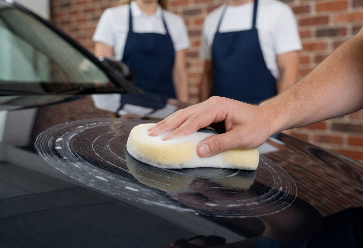 A hand uses a foam cloth to apply wax in circles on a black car hood, with a brick wall and blurred figures in the background.