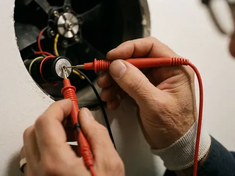 Close-up of hands using a multimeter to test a capacitor on a fan, with tools in focus and a blurred background.