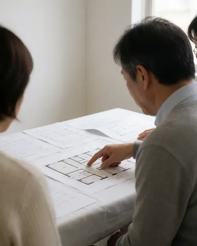 A client examines a furniture floor plan on a white table alongside a professional, with documents and natural light visible in the scene.