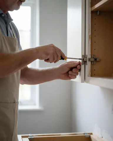 Close-up of a kitchen installer's hands using a screwdriver to adjust a cabinet door in a room with light gray walls and natural window light