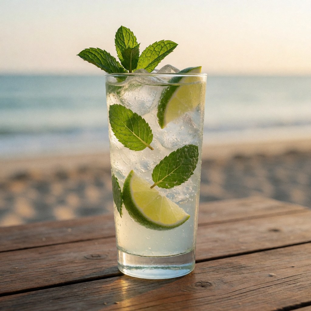Tall glass with ice, fresh mint, and lime slices on rustic wood table with blurred beach background at sunset