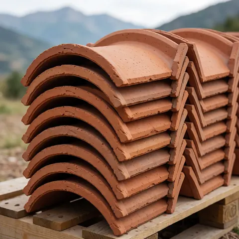 Curved terracotta roof tiles stacked on a wooden pallet with soft mountains in the background for traditional architectural design