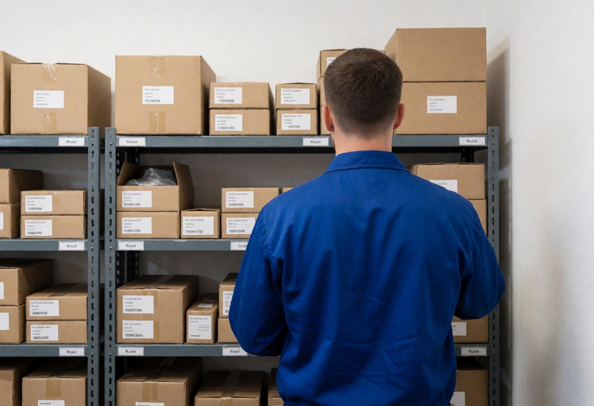 Technician checking inventory boxes in a well-lit warehouse with organized shelves and visible labels