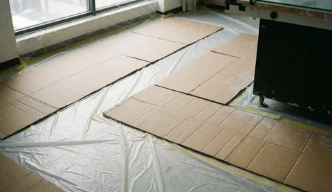 Clean and professional construction background featuring cardboard and plastic sheeting used for glass protection, illuminated by natural light, suitable for text overlay