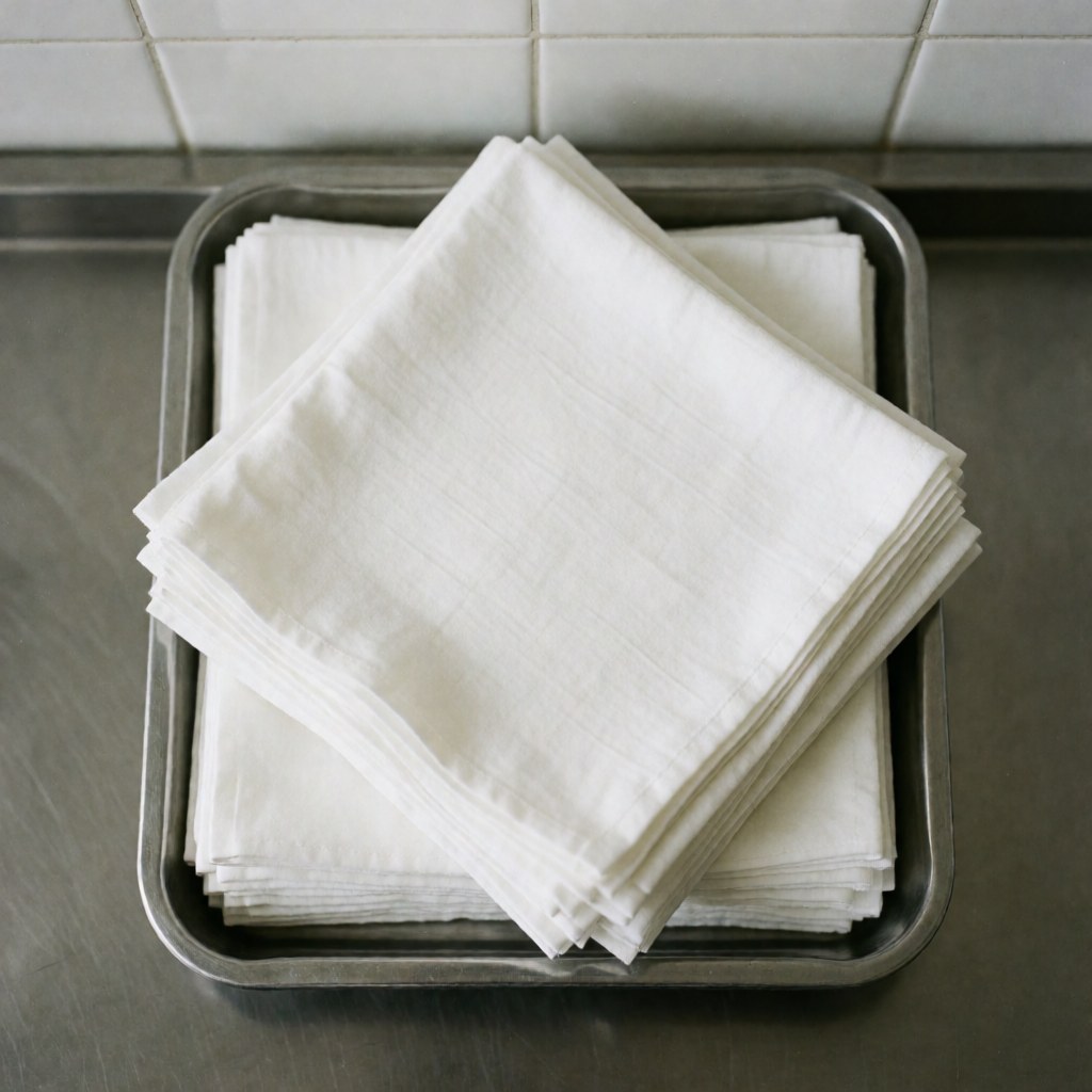 Stacked sterile white gauze pads on a stainless steel tray atop a polished metal surface with white tiled walls in the background