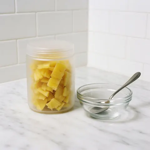 Clear glass pitcher with sliced pineapple next to a glass bowl and spoon on polished white marble, bright clean lighting