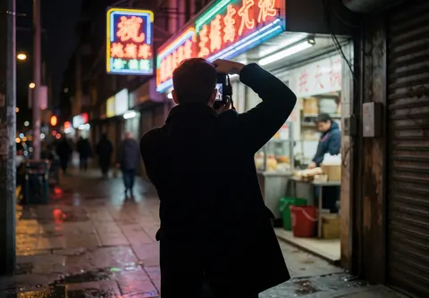 Event photographer silhouetted against an urban backdrop, capturing vibrant neon reflections on a wet street at night.