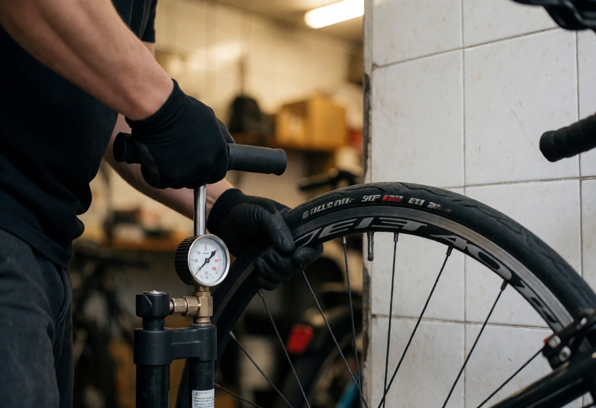 Mechanic inflating a bicycle tire using a pressure pump in a workshop with white tiled walls and warm lighting.
