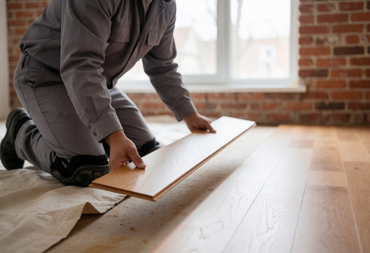 A flooring installer placing the initial wooden plank onto the subfloor in a room with natural light and a red brick wall.