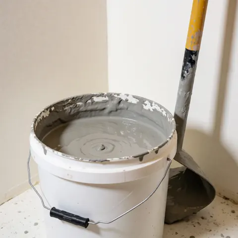 White bucket containing gray floor leveling compound with a trowel leaning against the wall in a construction corner