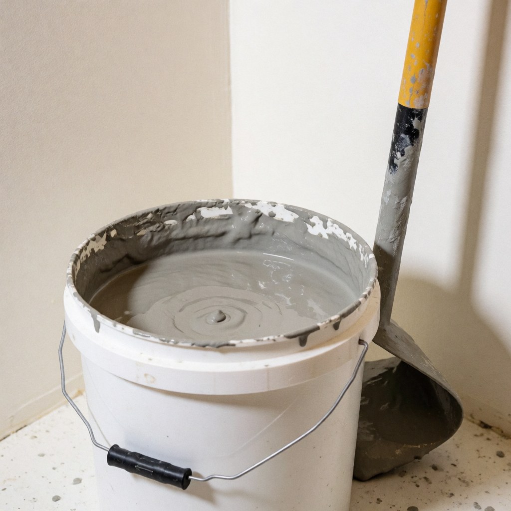 White bucket containing gray floor leveling compound with a trowel leaning against the wall in a construction corner