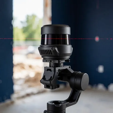 Black LiDAR sensor mounted on a gimbal emitting red beams at a construction site with blue walls and blurred background