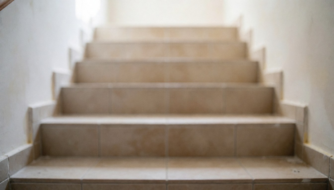Interior view of beige tiled stairs with blurred grout lines and white walls, serving as a professional background for commercial text.