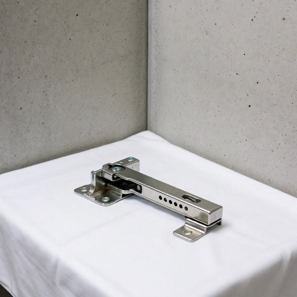 Close-up of a new, shiny metal refrigerator hinge resting on a white fabric surface with a polished concrete background and soft professional lighting