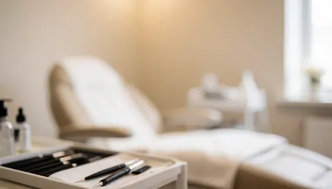 Soft focus background of an eyelash extension studio featuring a treatment chair, tool tray, and warm lighting, suitable for text overlay