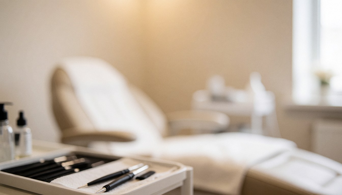 Soft focus background of an eyelash extension studio featuring a treatment chair, tool tray, and warm lighting, suitable for text overlay