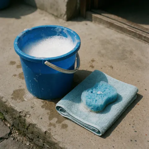Blue bucket filled with white foam, a blue sponge, and a towel resting on a concrete surface, ready for car washing.