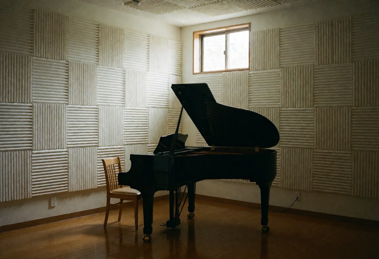 Empty music practice room featuring a black grand piano, wooden chair, and acoustic wall panels illuminated by natural window light.