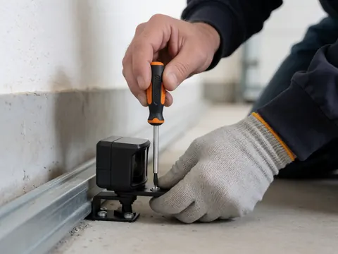 Close-up of a technician using a screwdriver to adjust a black safety sensor near the floor next to a metal track.