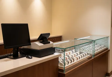 Cash register with monitor and watch display case in a watch repair shop with beige walls and warm lighting