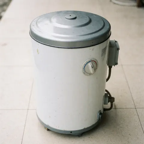 Close-up of a dirty white electric water heater with a metal cap, temperature dial, and electrical box on a tiled floor