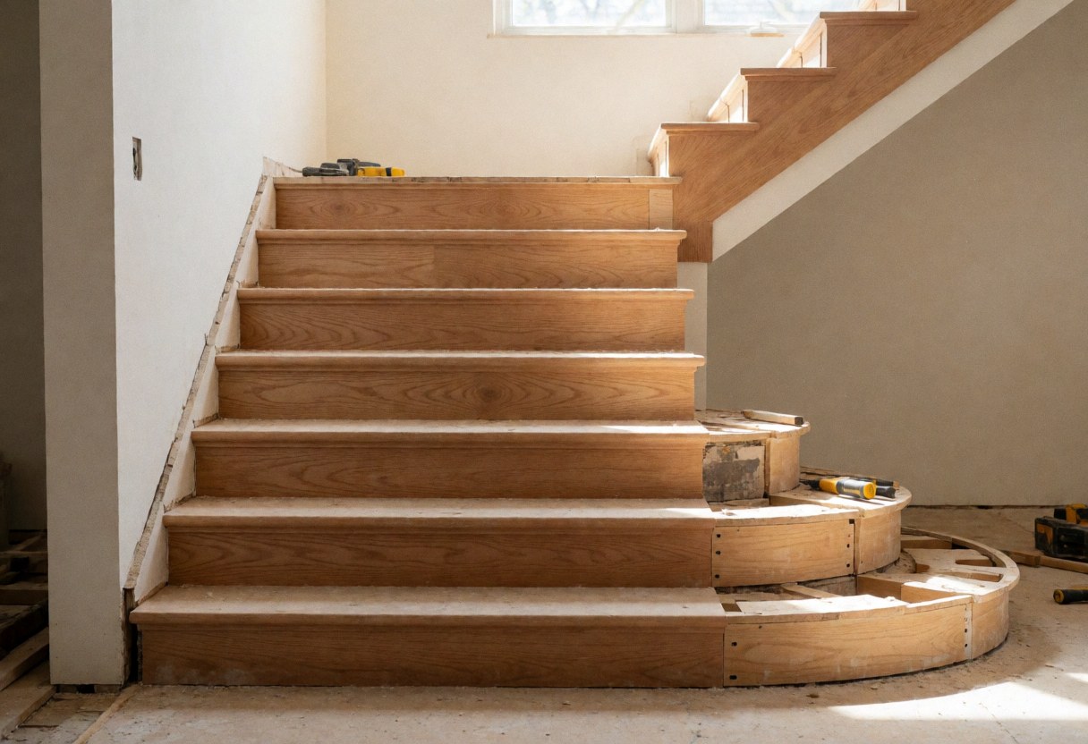 A wooden staircase in the process of installation, showing tools and the underlying substructure illuminated by natural light.