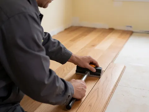 A worker installs hardwood flooring using a tapping block and bar in a room with beige walls and partially finished floor.