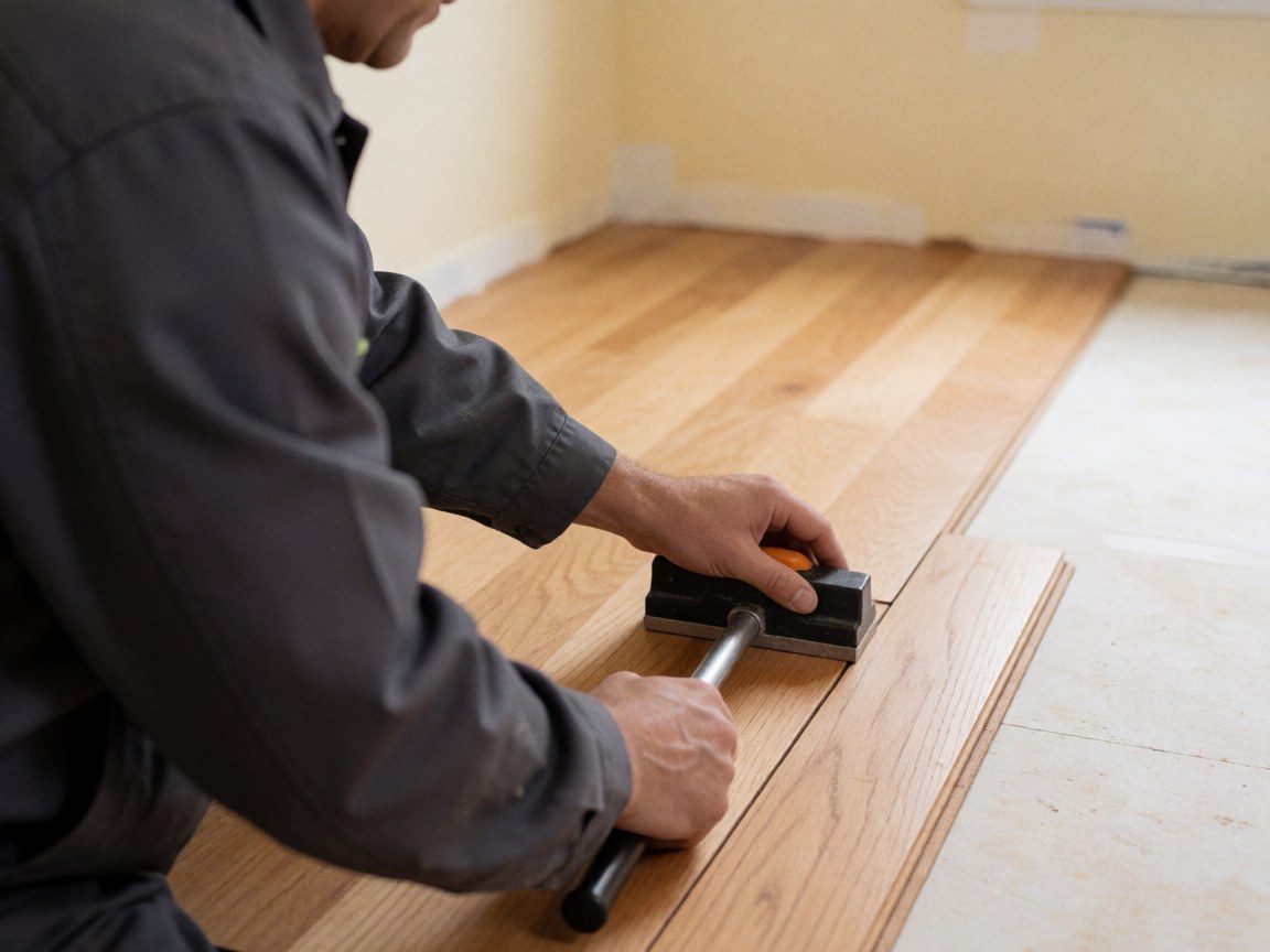 A worker installs hardwood flooring using a tapping block and bar in a room with beige walls and partially finished floor.
