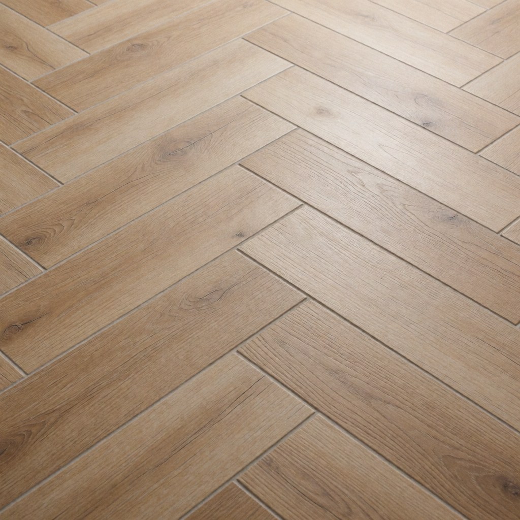 Matte finish ceramic flooring with realistic wood texture and sharp edges, highlighting durability and clean lines under neutral lighting