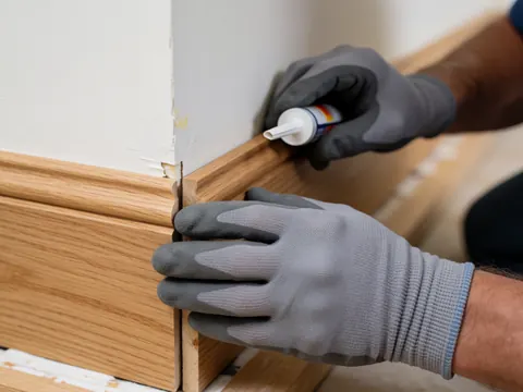 Close-up of a gloved hand applying sealant to a wooden baseboard near a painted wall during flooring installation