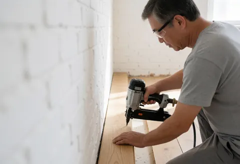A professional installs wooden floor planks using a nail gun in a room with white brick walls, demonstrating precise flooring work with proper tools.