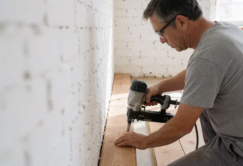 A professional installs wooden floor planks using a nail gun in a room with white brick walls, demonstrating precise flooring work with proper tools.