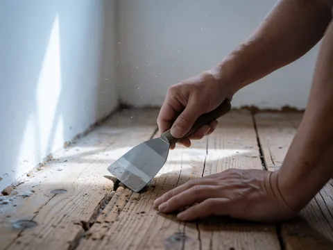 Close-up of a hand using a knife to repair a hole in an old wooden floor with dust floating in natural light from a window